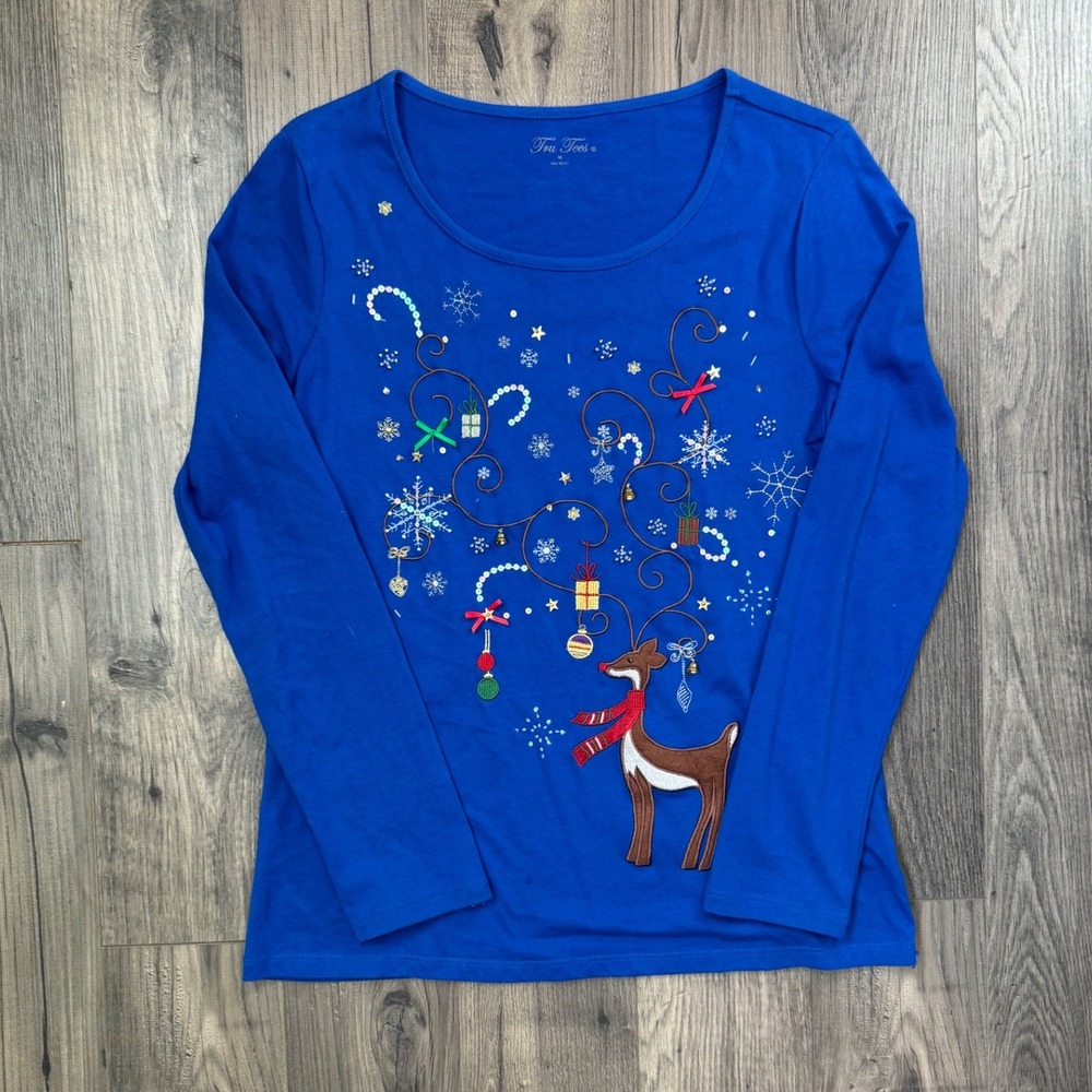 Tru Tees‎ Womens Blue Long Sleeve Christmas Reindeer Snowflake Ugly Sweater